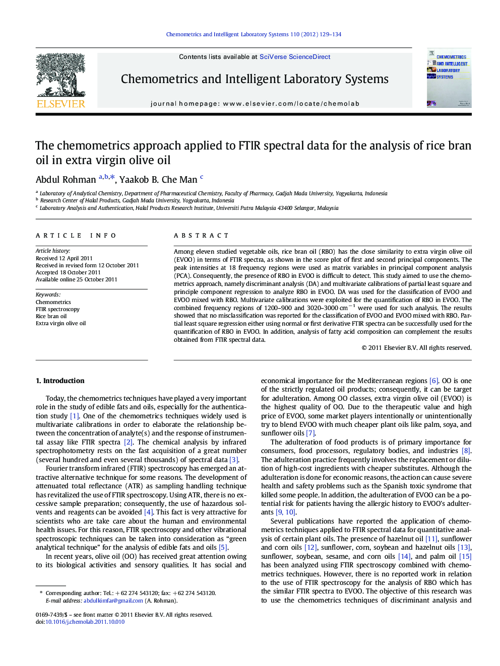 The chemometrics approach applied to FTIR spectral data for the analysis of rice bran oil in extra virgin olive oil