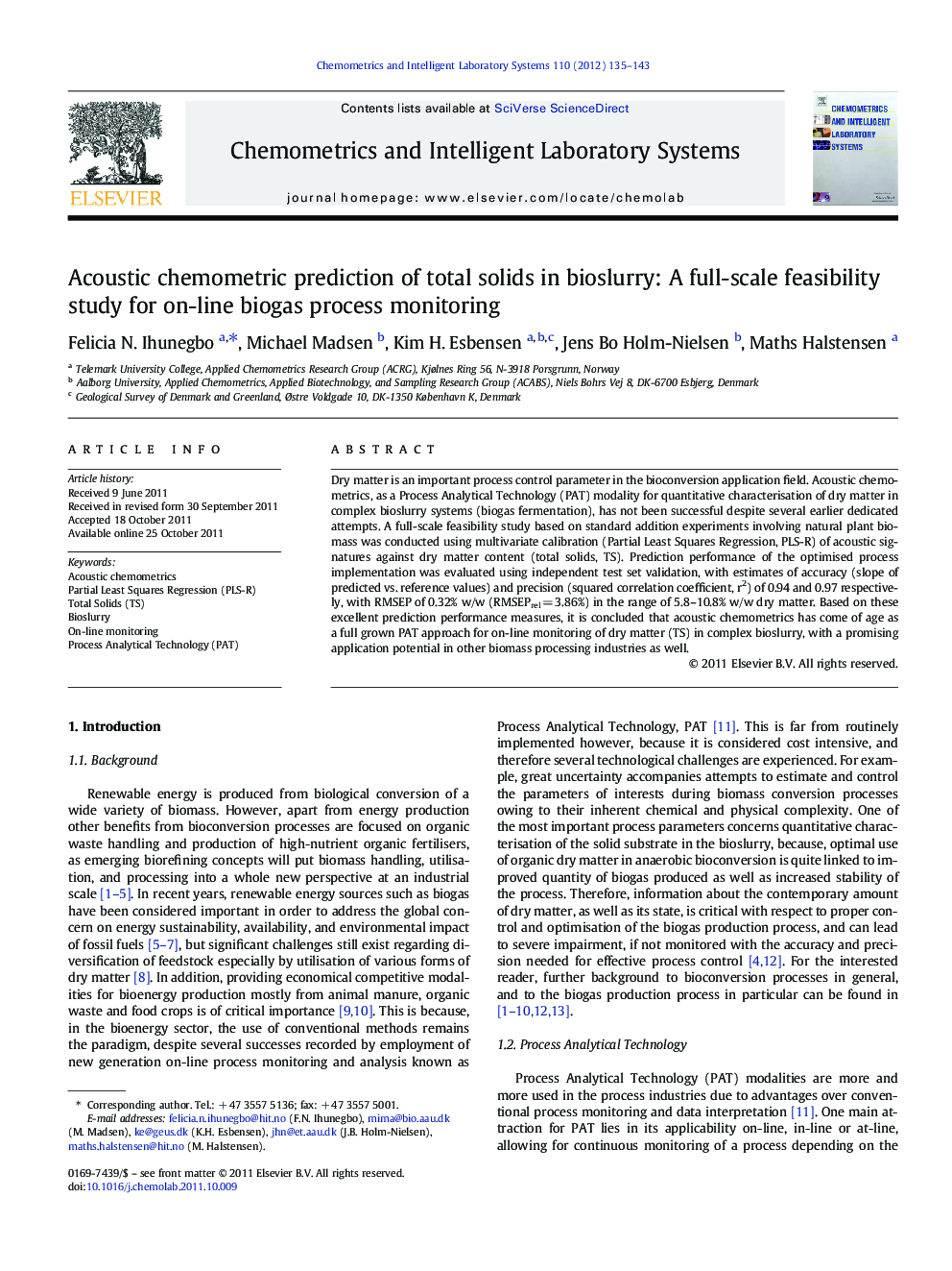 Acoustic chemometric prediction of total solids in bioslurry: A full-scale feasibility study for on-line biogas process monitoring