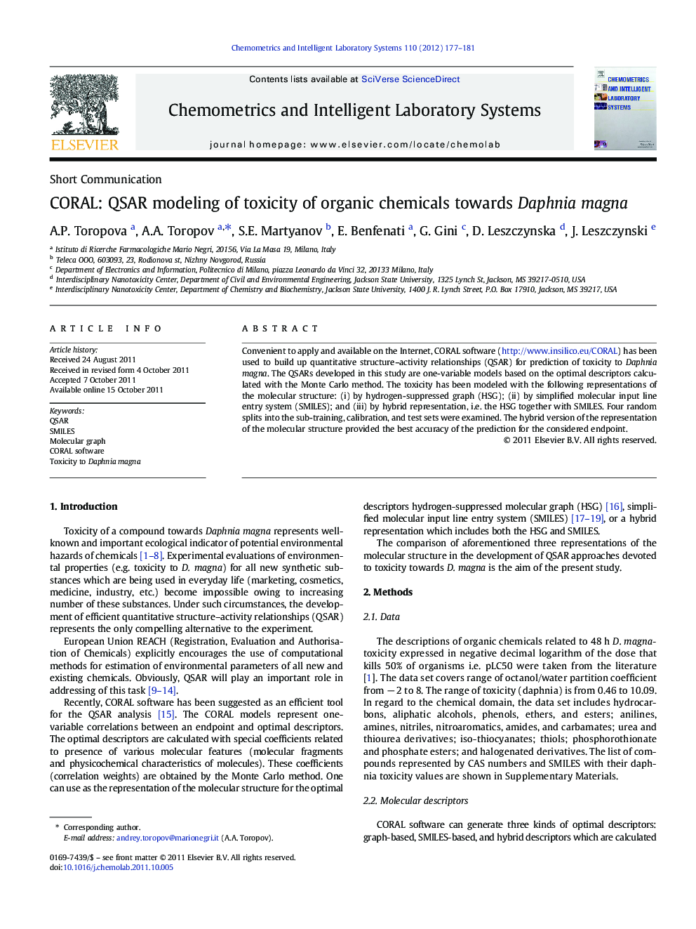 CORAL: QSAR modeling of toxicity of organic chemicals towards Daphnia magna