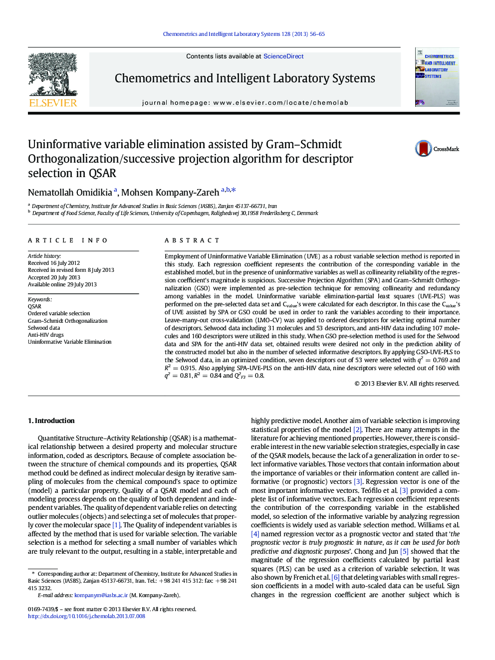 Uninformative variable elimination assisted by Gram–Schmidt Orthogonalization/successive projection algorithm for descriptor selection in QSAR