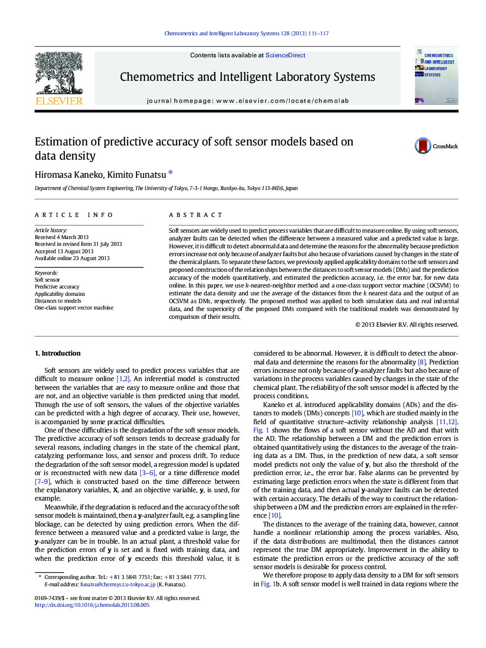 Estimation of predictive accuracy of soft sensor models based on data density