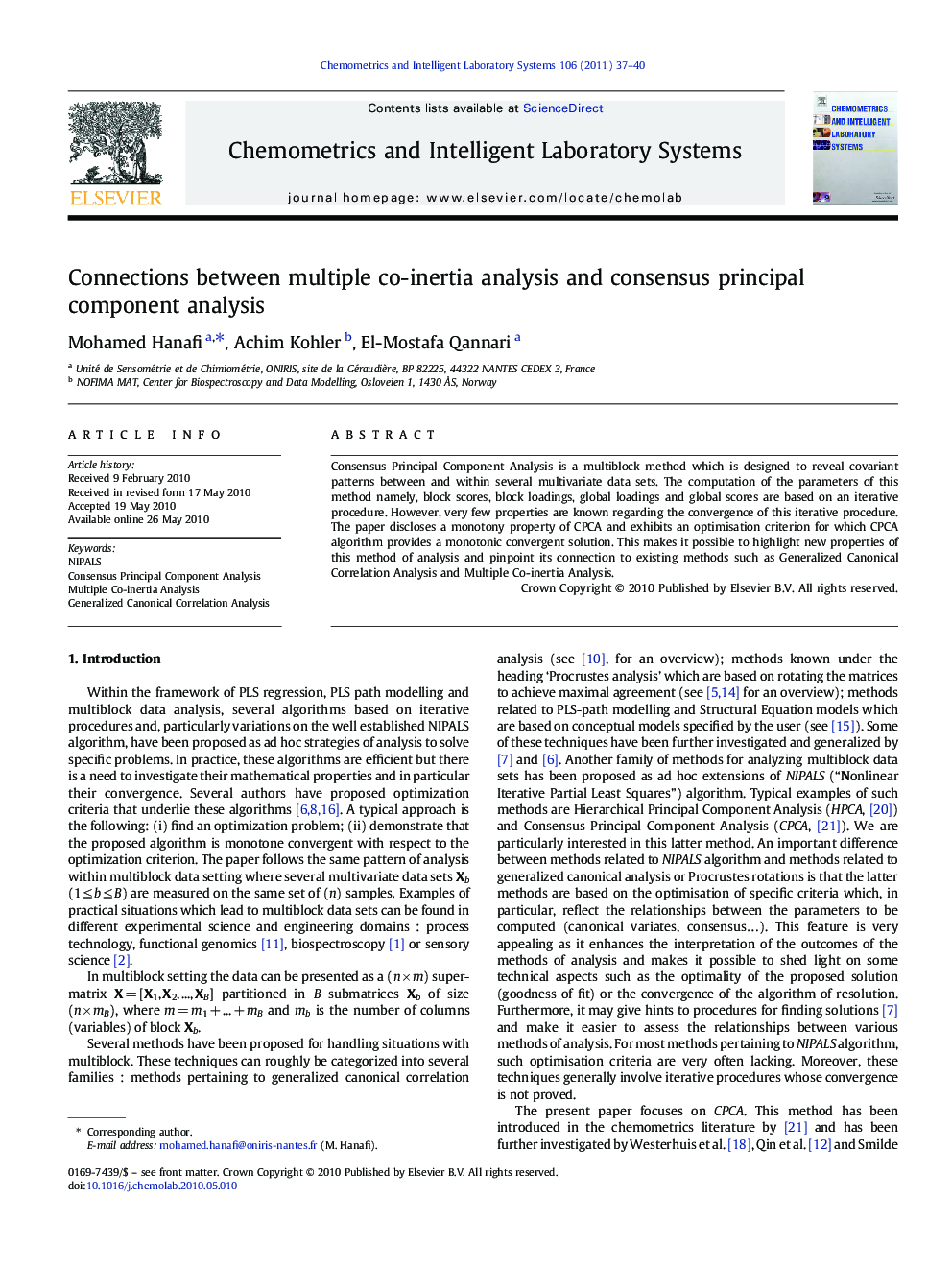 Connections between multiple co-inertia analysis and consensus principal component analysis