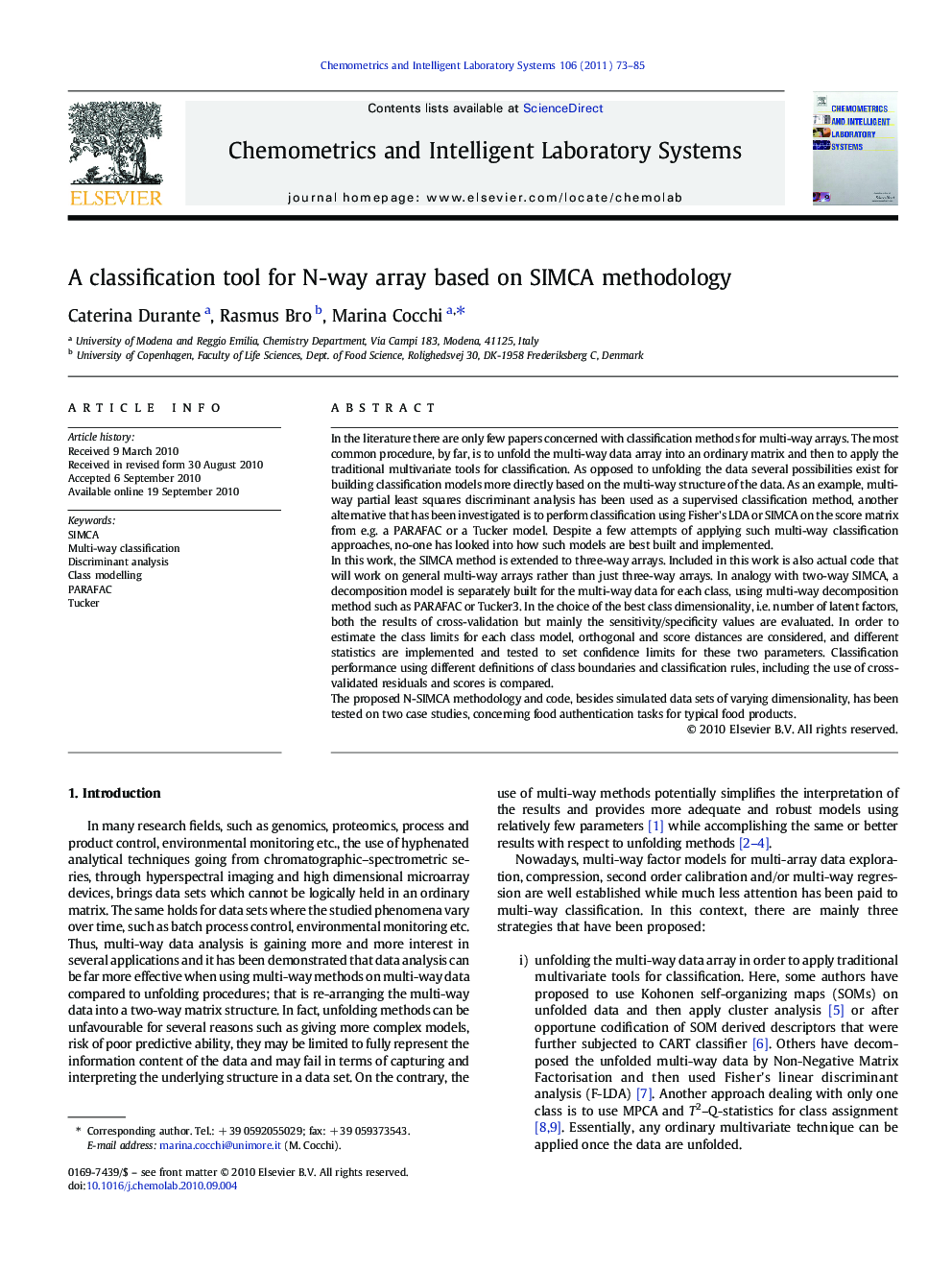 A classification tool for N-way array based on SIMCA methodology