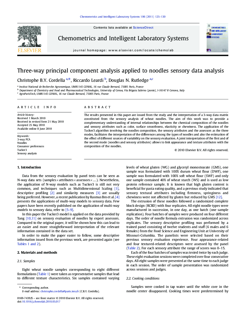 Three-way principal component analysis applied to noodles sensory data analysis