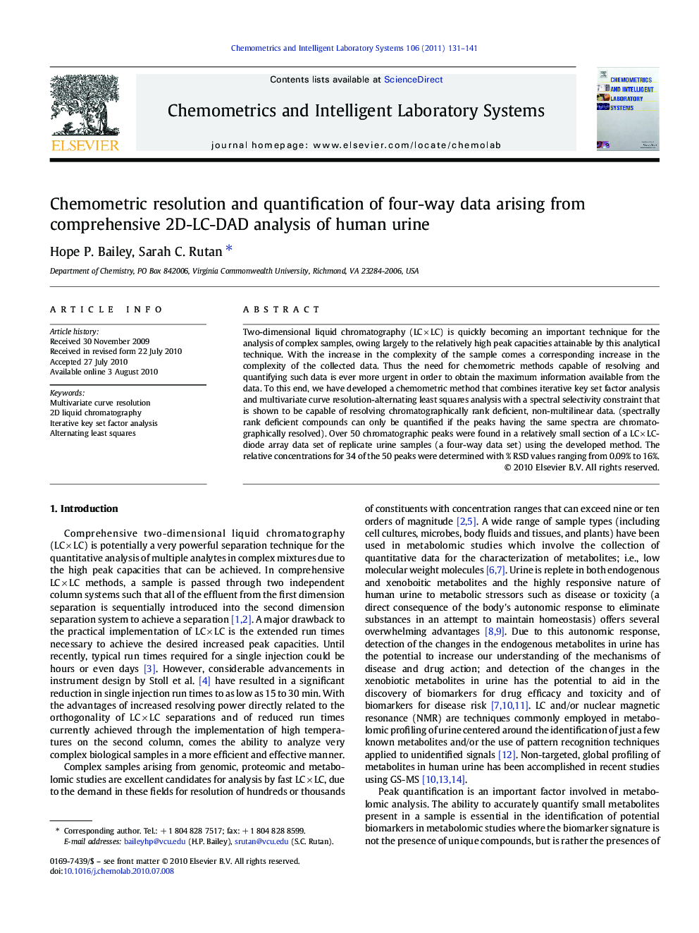 Chemometric resolution and quantification of four-way data arising from comprehensive 2D-LC-DAD analysis of human urine