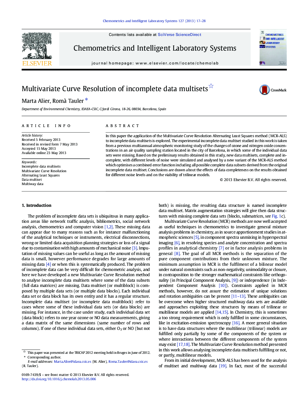 Multivariate Curve Resolution of incomplete data multisets 