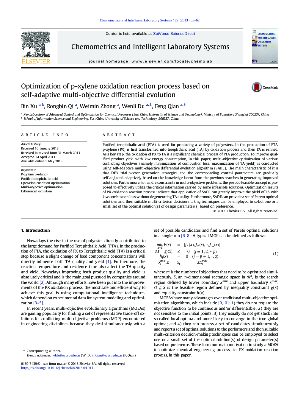 Optimization of p-xylene oxidation reaction process based on self-adaptive multi-objective differential evolution