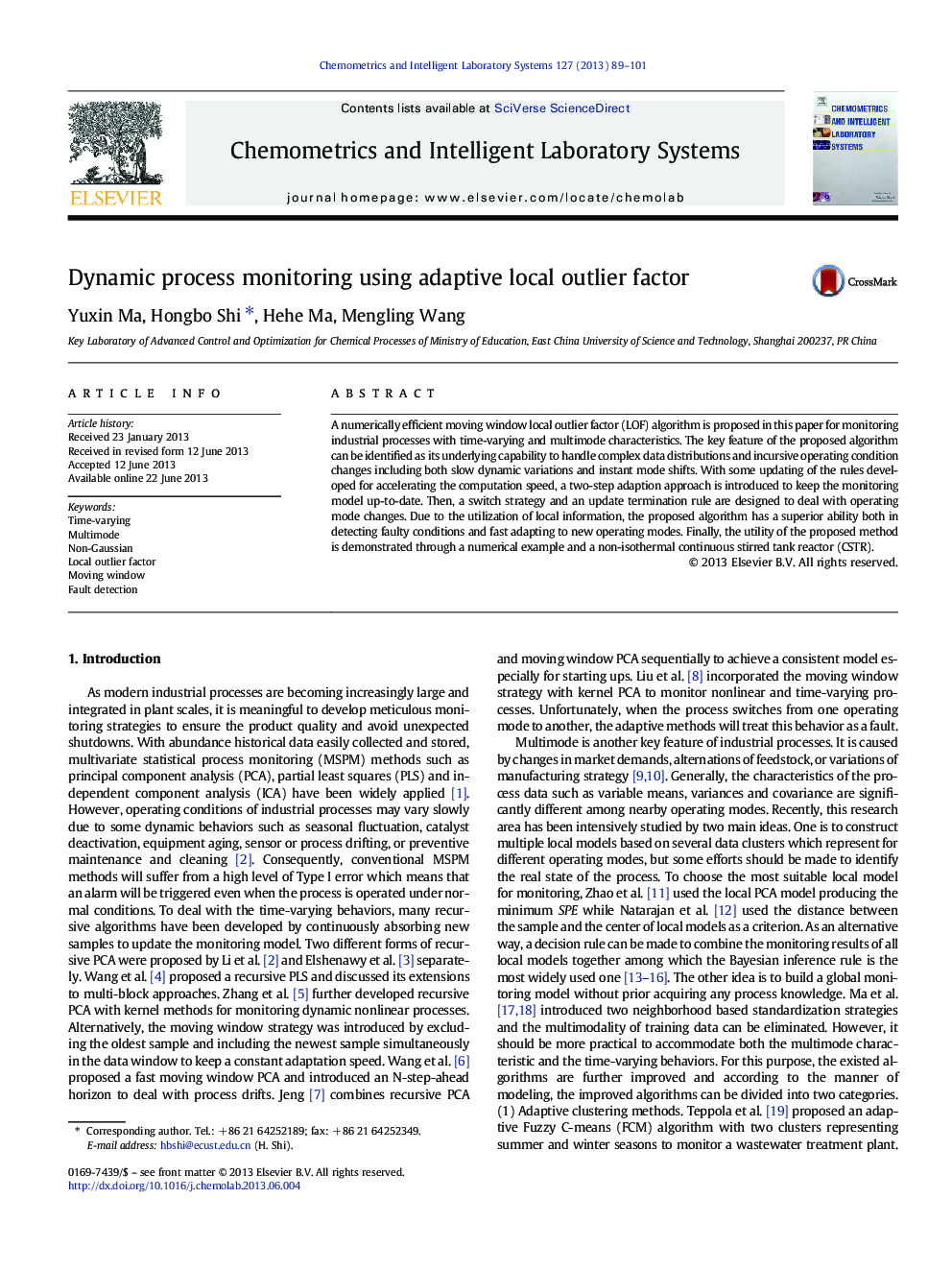 Dynamic process monitoring using adaptive local outlier factor