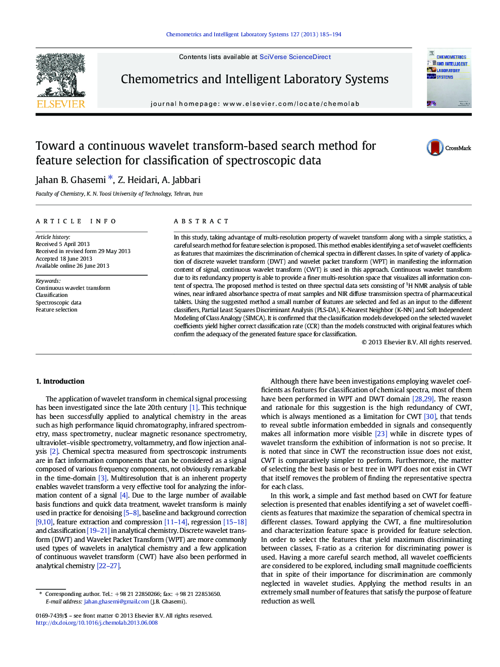 Toward a continuous wavelet transform-based search method for feature selection for classification of spectroscopic data