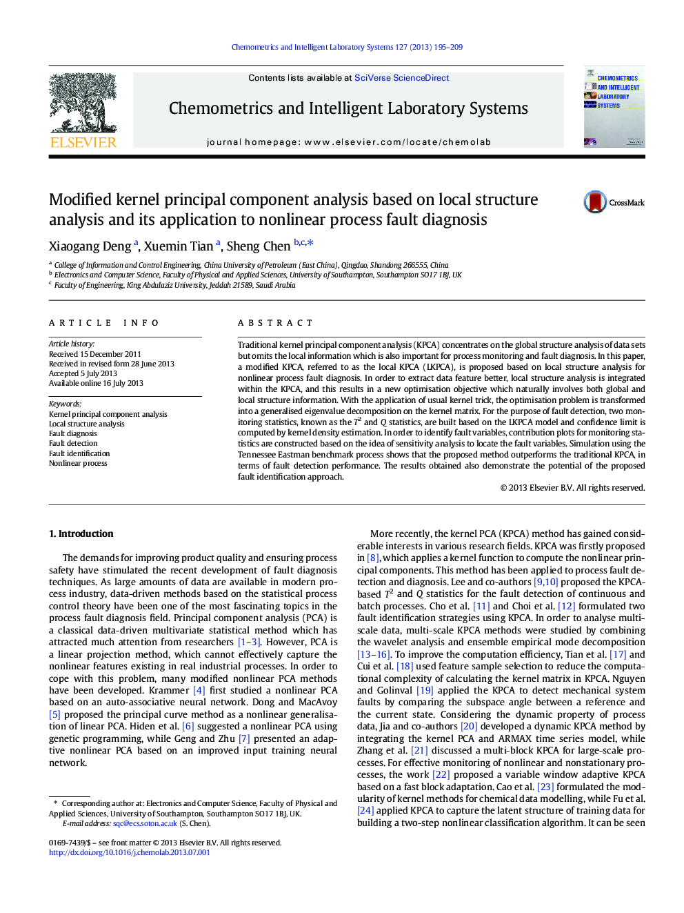 Modified kernel principal component analysis based on local structure analysis and its application to nonlinear process fault diagnosis