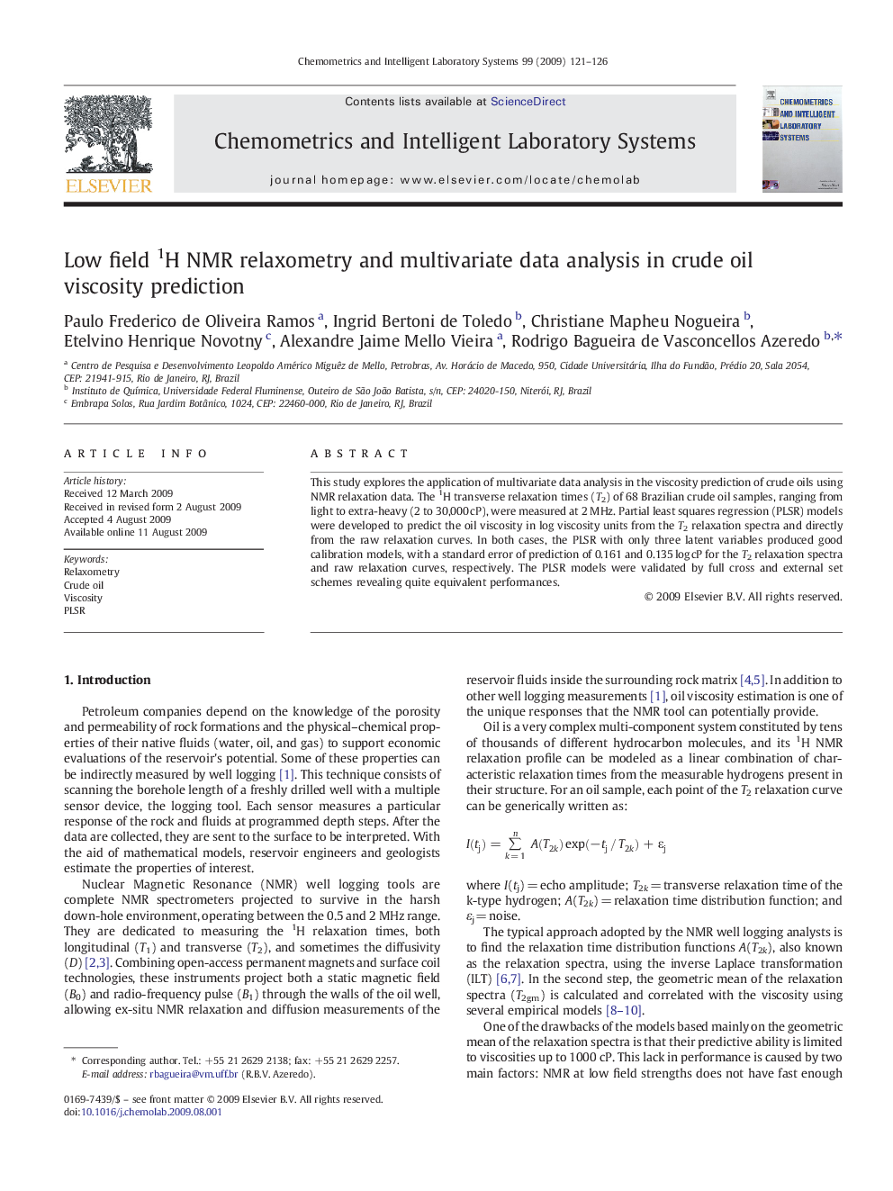 Low field 1H NMR relaxometry and multivariate data analysis in crude oil viscosity prediction