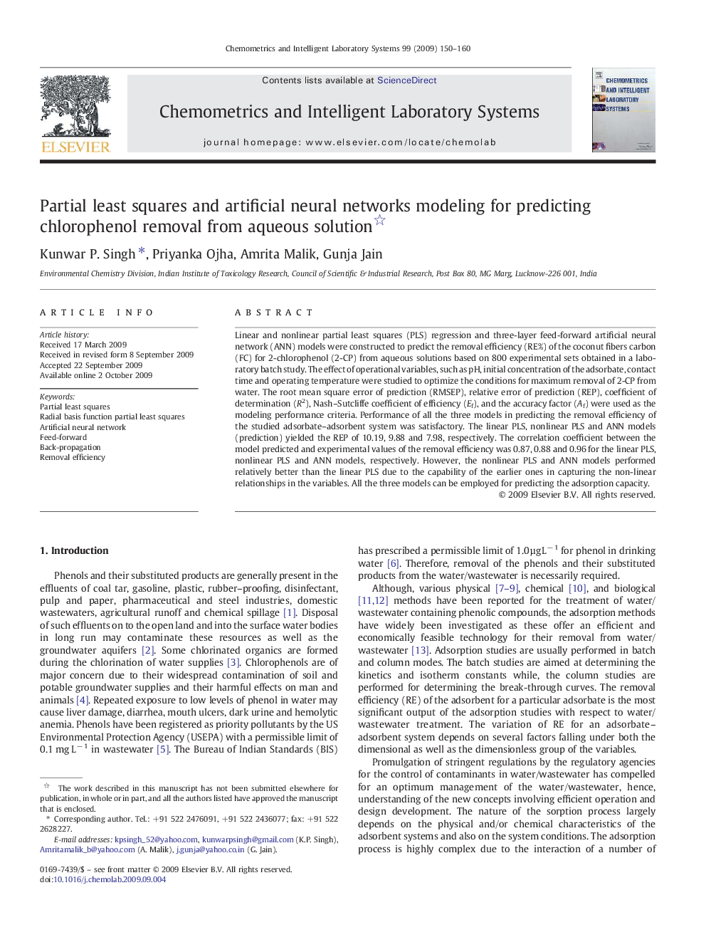 Partial least squares and artificial neural networks modeling for predicting chlorophenol removal from aqueous solution 