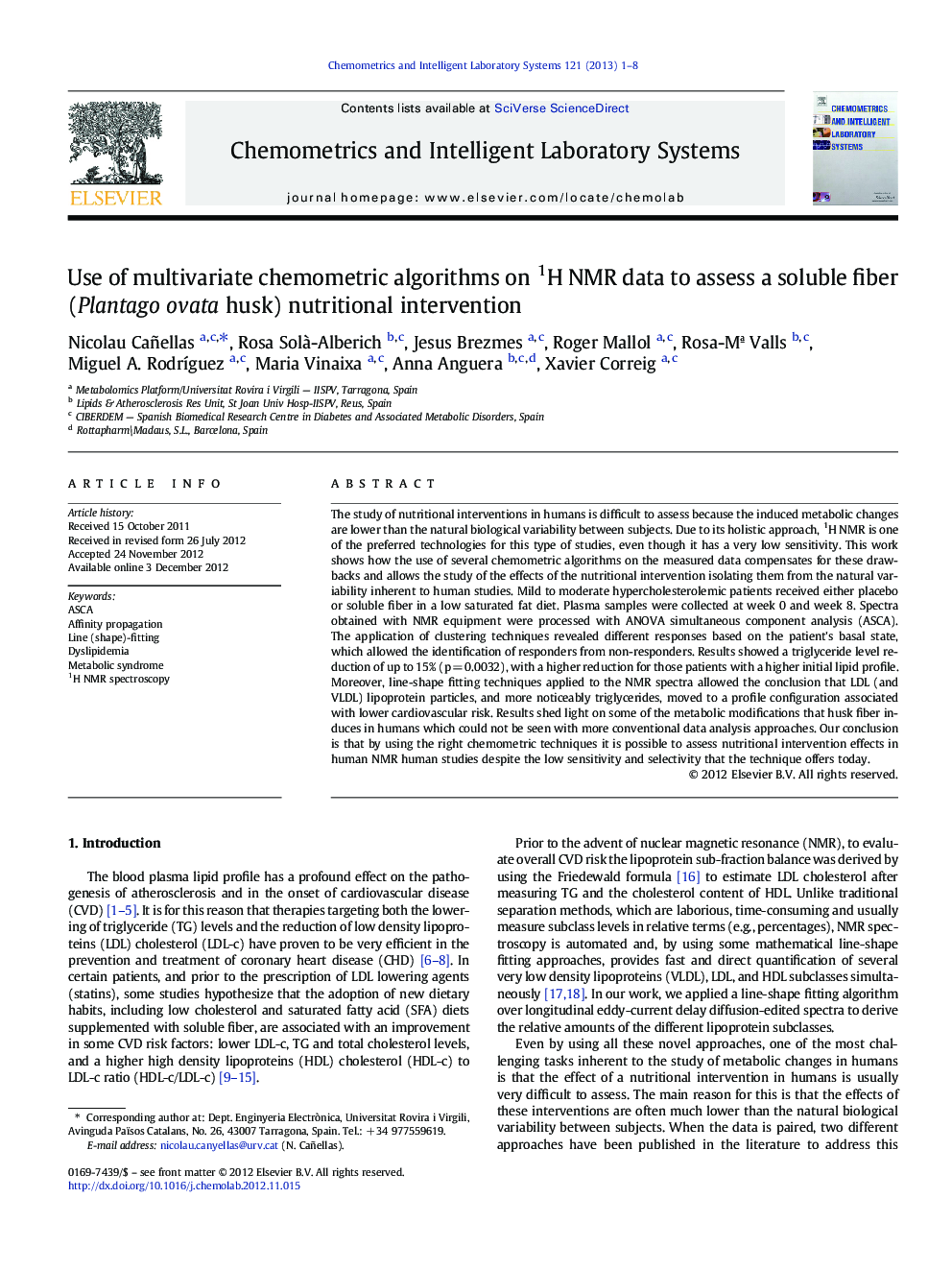 Use of multivariate chemometric algorithms on 1H NMR data to assess a soluble fiber (Plantago ovata husk) nutritional intervention