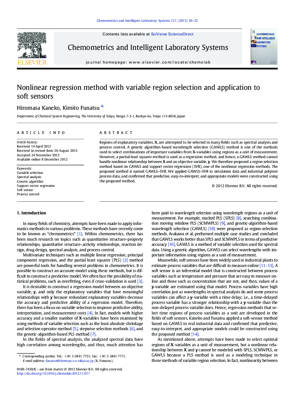 Nonlinear regression method with variable region selection and application to soft sensors