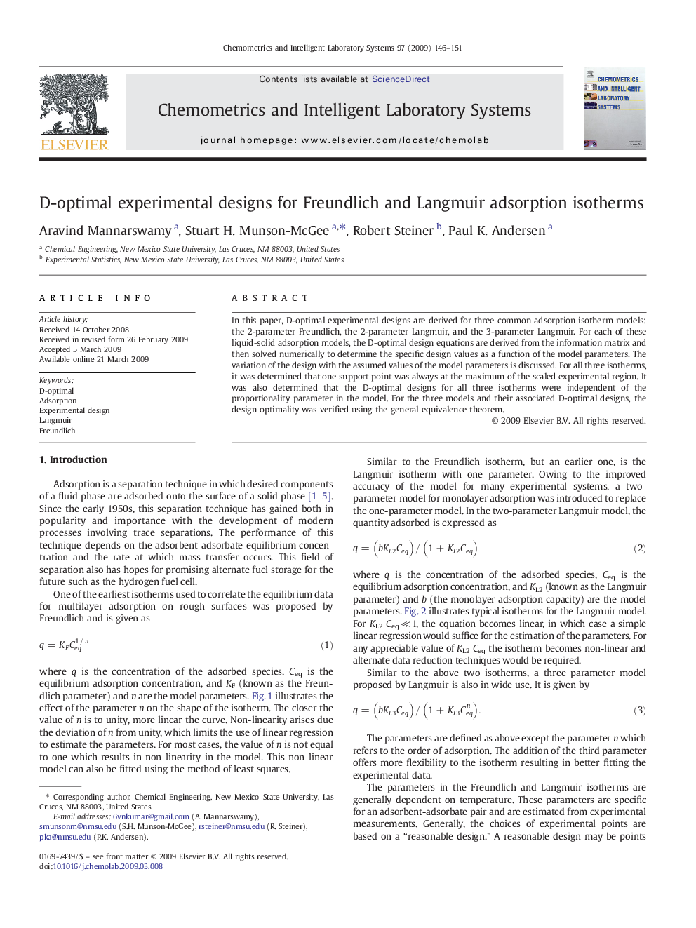 D-optimal experimental designs for Freundlich and Langmuir adsorption isotherms