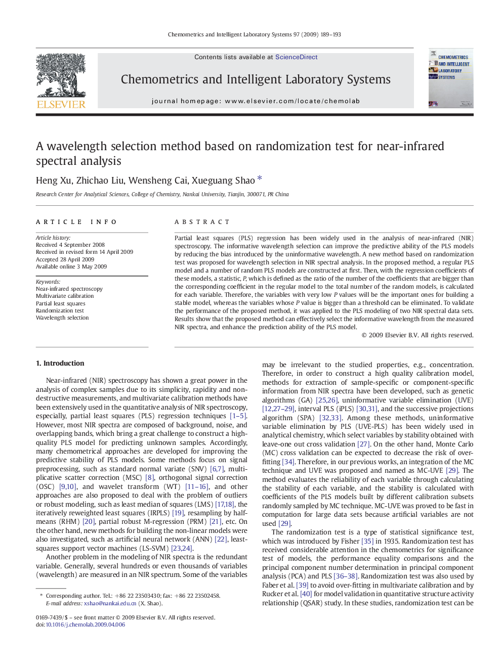 A wavelength selection method based on randomization test for near-infrared spectral analysis