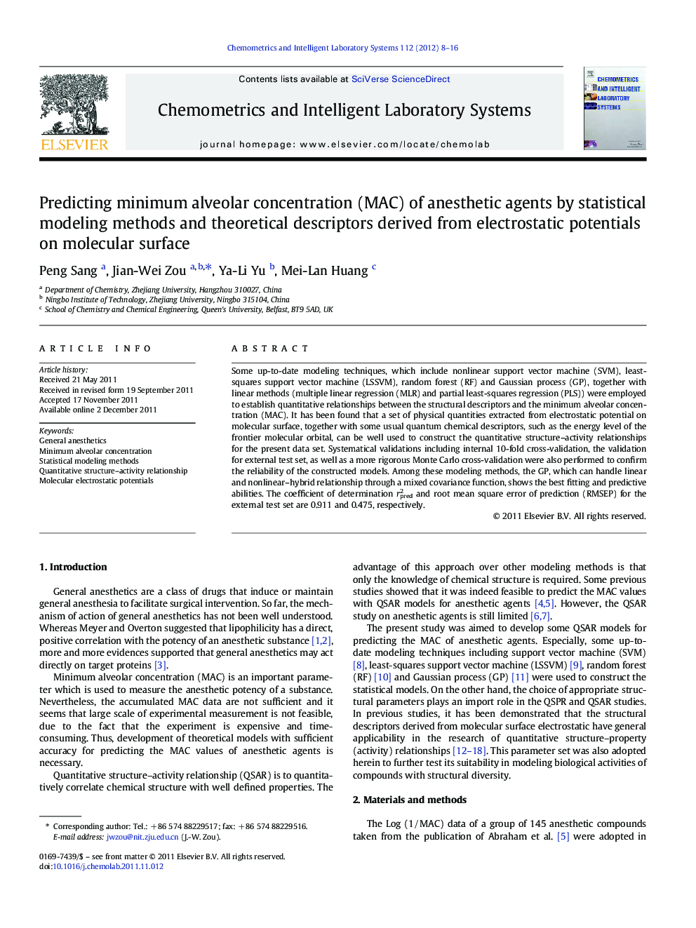 Predicting minimum alveolar concentration (MAC) of anesthetic agents by statistical modeling methods and theoretical descriptors derived from electrostatic potentials on molecular surface