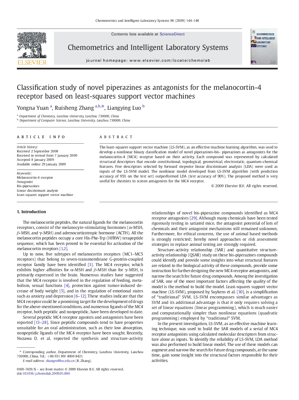 Classification study of novel piperazines as antagonists for the melanocortin-4 receptor based on least-squares support vector machines