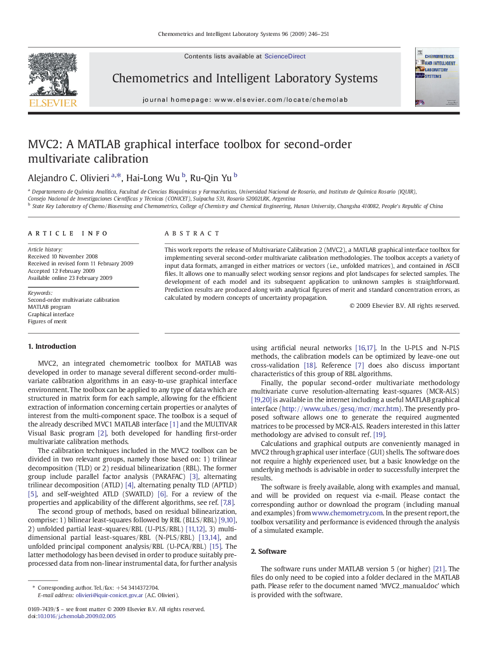 MVC2: A MATLAB graphical interface toolbox for second-order multivariate calibration