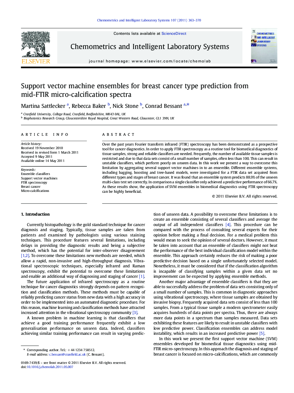 Support vector machine ensembles for breast cancer type prediction from mid-FTIR micro-calcification spectra