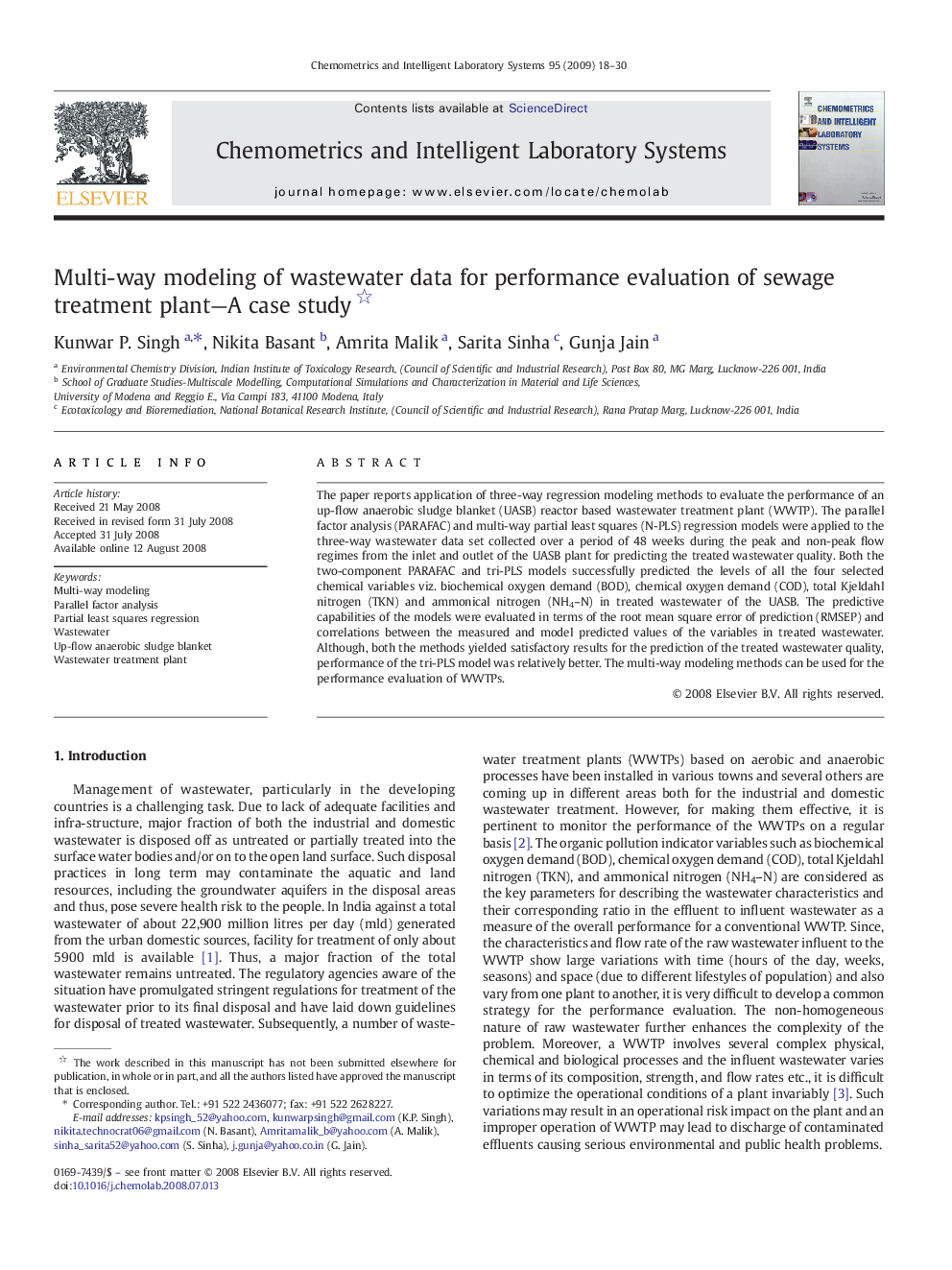 Multi-way modeling of wastewater data for performance evaluation of sewage treatment plant—A case study 