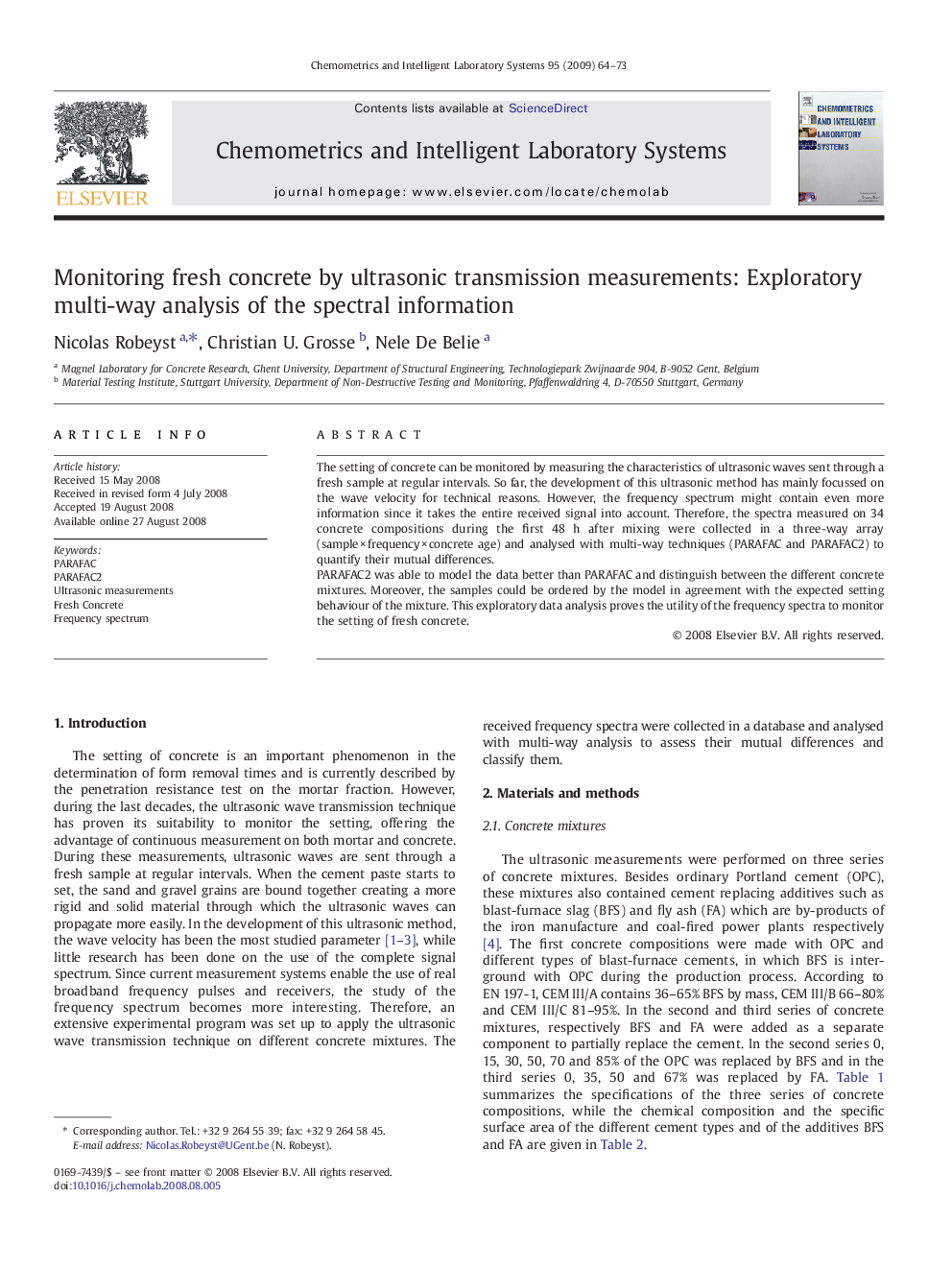 Monitoring fresh concrete by ultrasonic transmission measurements: Exploratory multi-way analysis of the spectral information