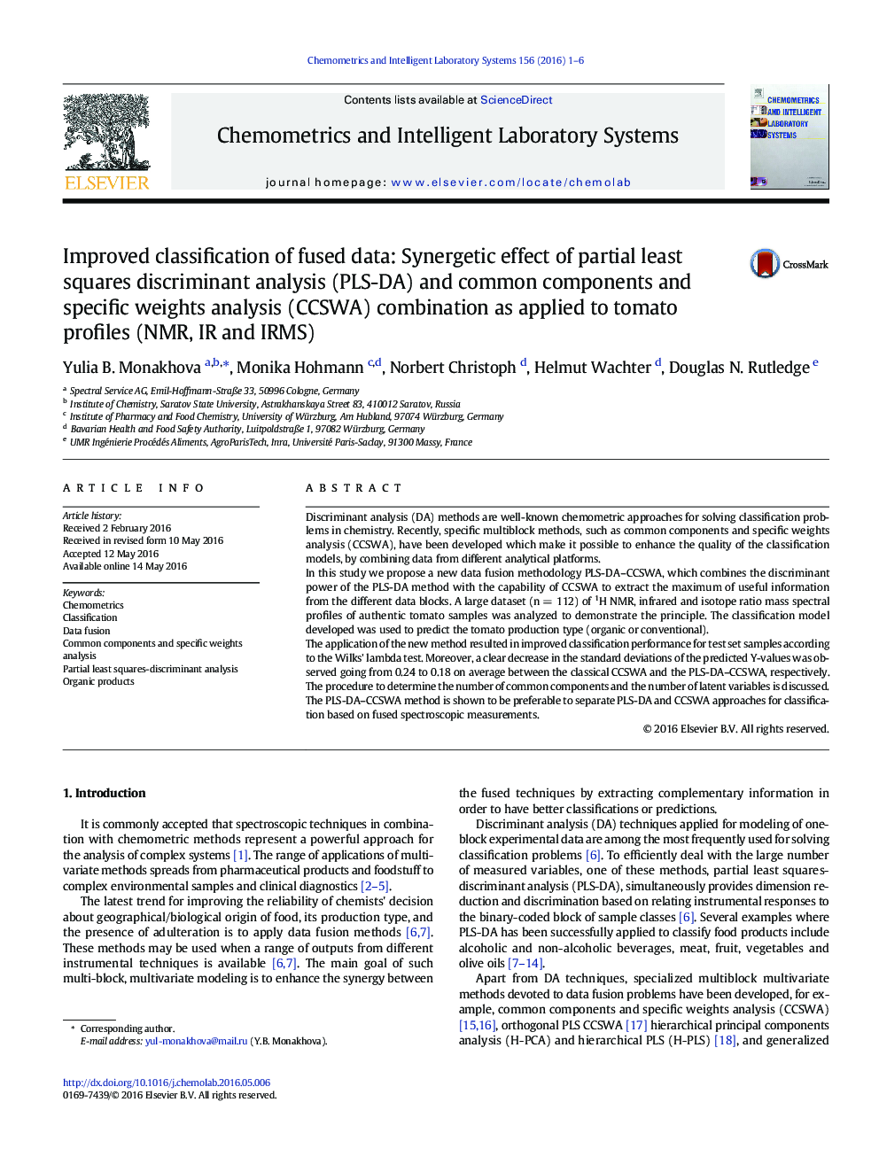 Improved classification of fused data: Synergetic effect of partial least squares discriminant analysis (PLS-DA) and common components and specific weights analysis (CCSWA) combination as applied to tomato profiles (NMR, IR and IRMS)