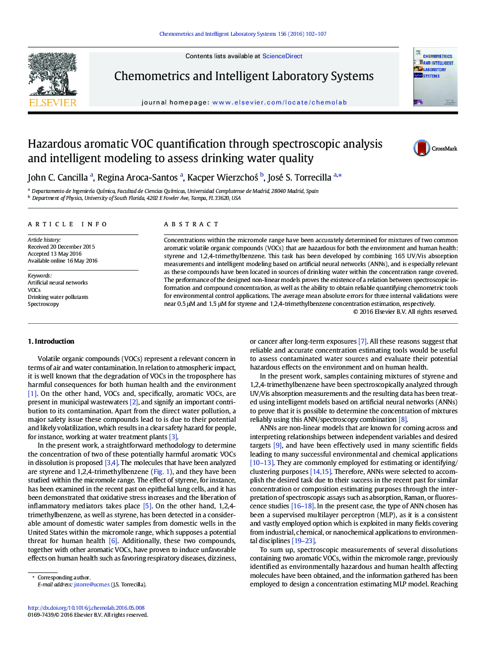 Hazardous aromatic VOC quantification through spectroscopic analysis and intelligent modeling to assess drinking water quality