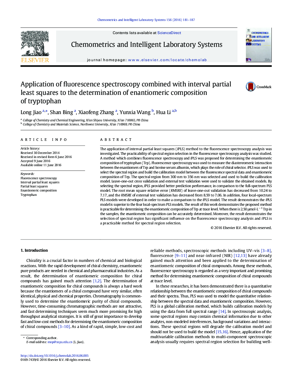 Application of fluorescence spectroscopy combined with interval partial least squares to the determination of enantiomeric composition of tryptophan