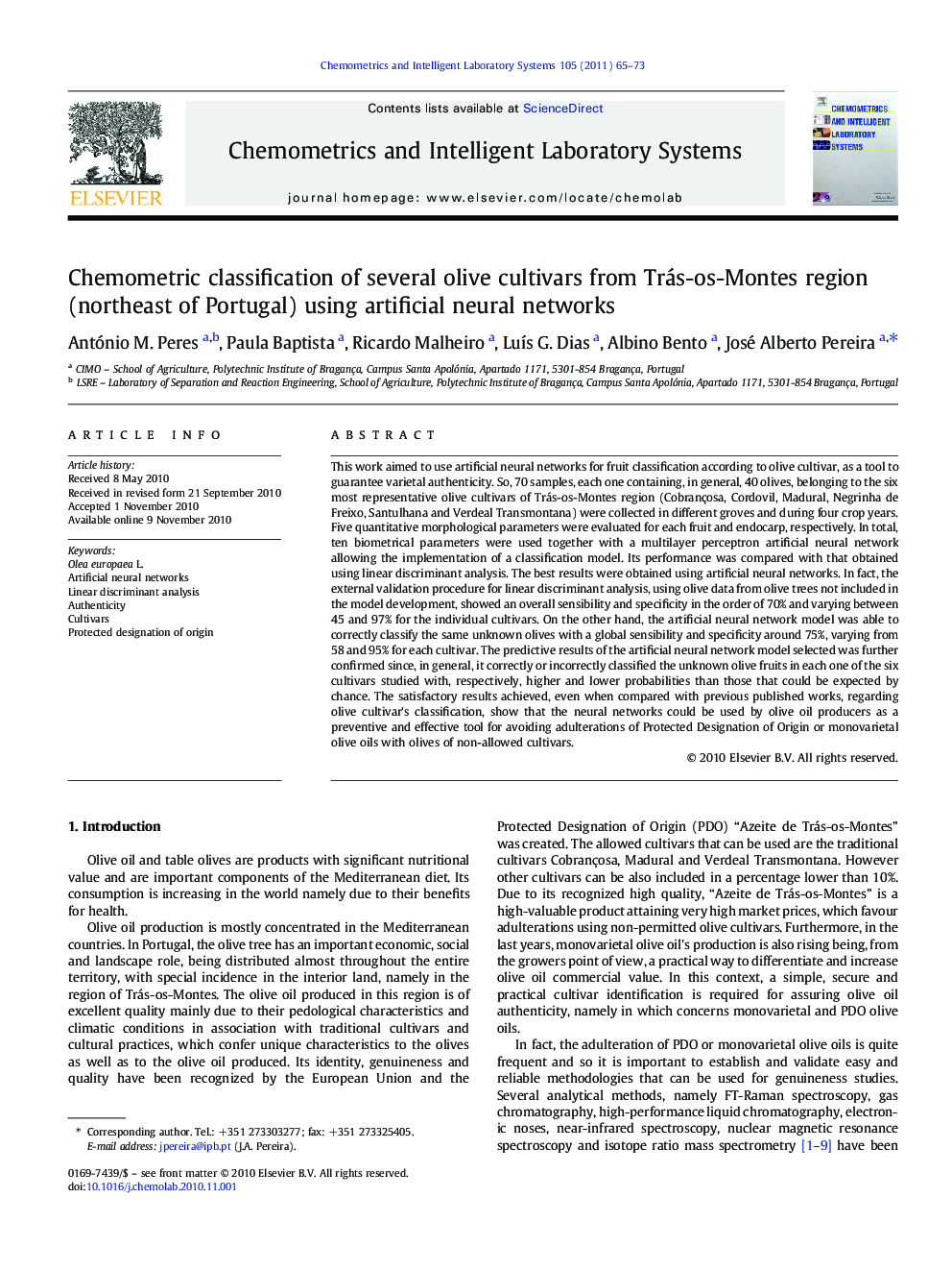 Chemometric classification of several olive cultivars from Trás-os-Montes region (northeast of Portugal) using artificial neural networks