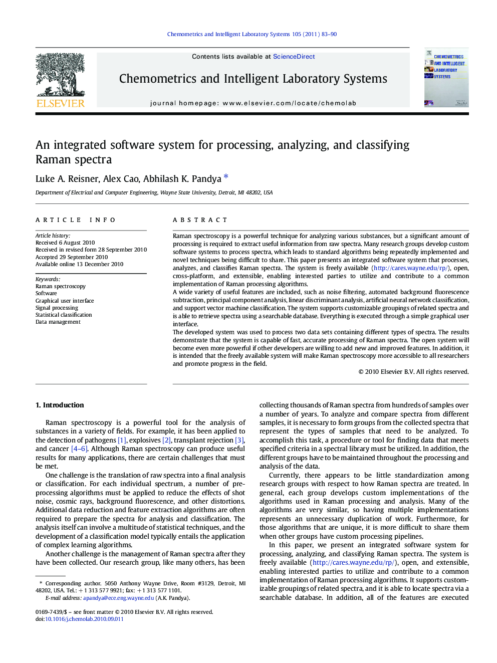 An integrated software system for processing, analyzing, and classifying Raman spectra