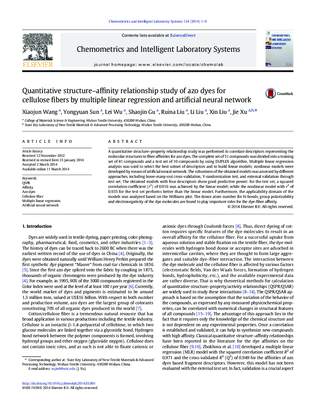 Quantitative structure–affinity relationship study of azo dyes for cellulose fibers by multiple linear regression and artificial neural network