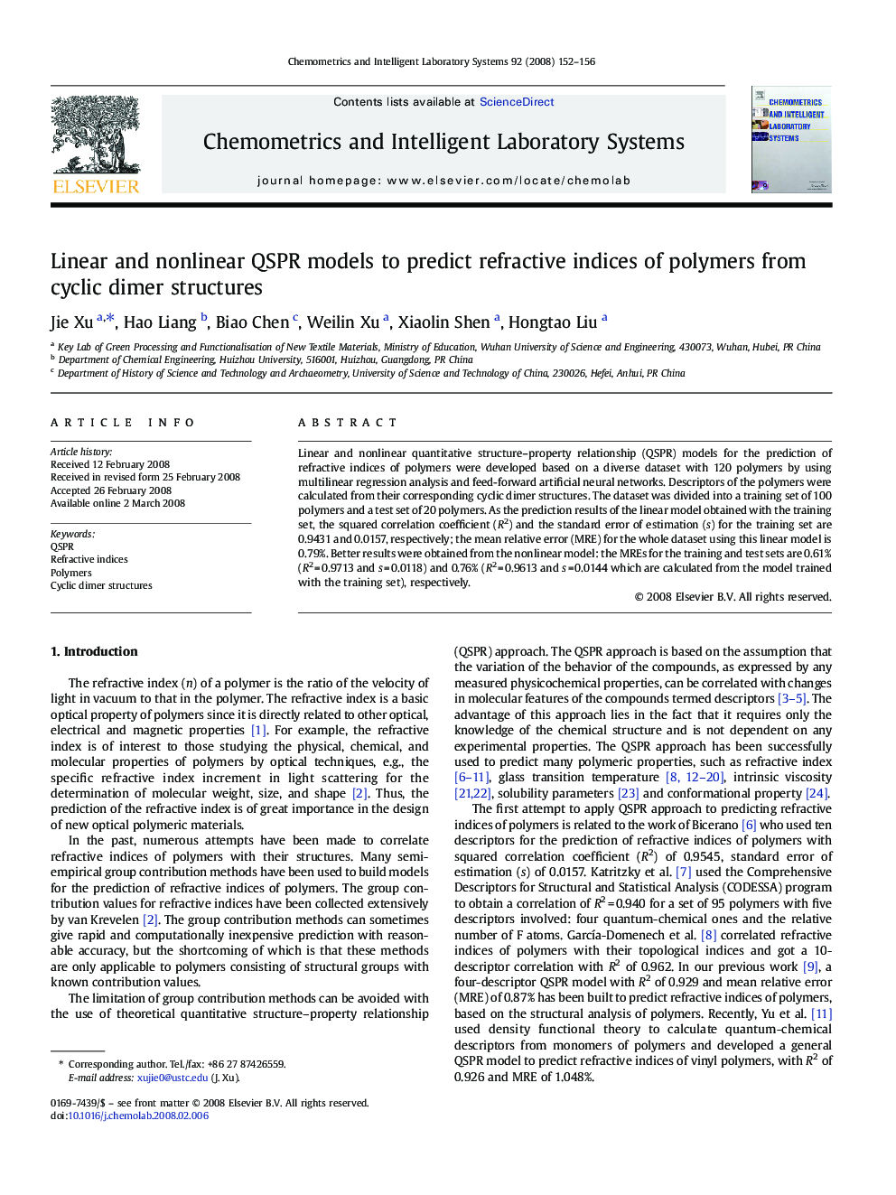 Linear and nonlinear QSPR models to predict refractive indices of polymers from cyclic dimer structures