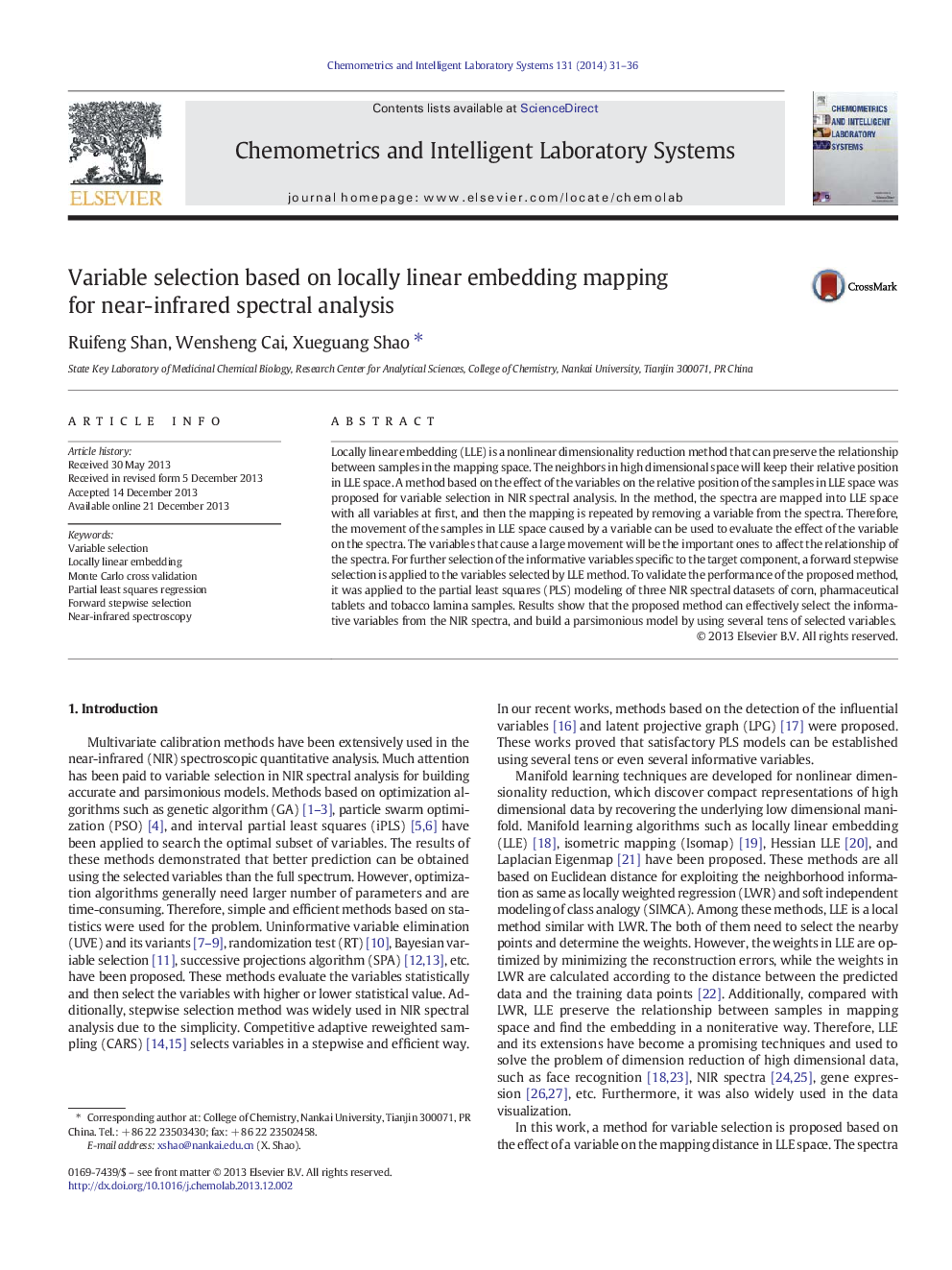 Variable selection based on locally linear embedding mapping for near-infrared spectral analysis