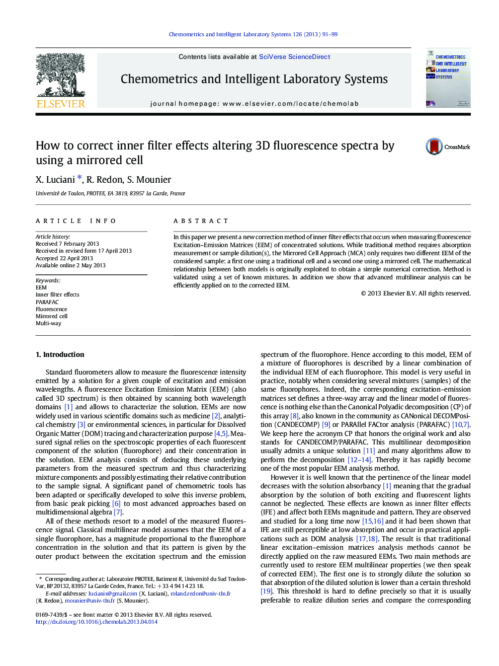 How to correct inner filter effects altering 3D fluorescence spectra by using a mirrored cell