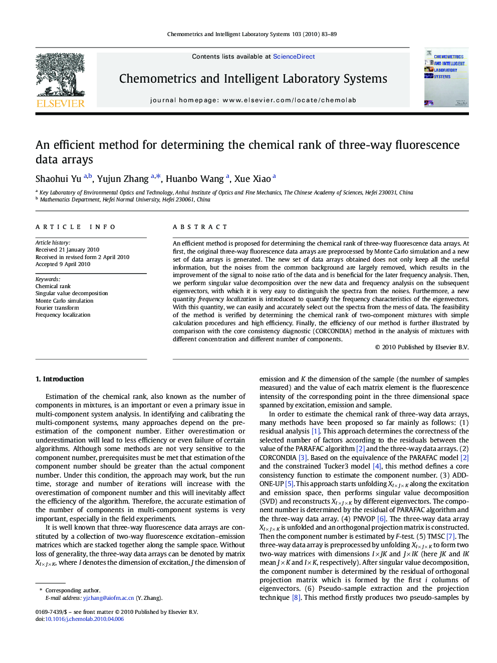 An efficient method for determining the chemical rank of three-way fluorescence data arrays