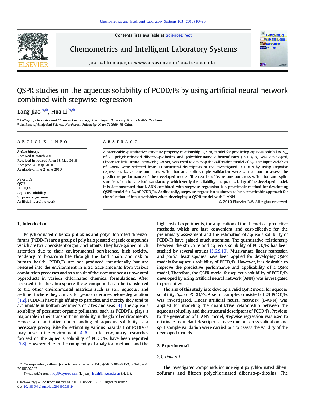 QSPR studies on the aqueous solubility of PCDD/Fs by using artificial neural network combined with stepwise regression