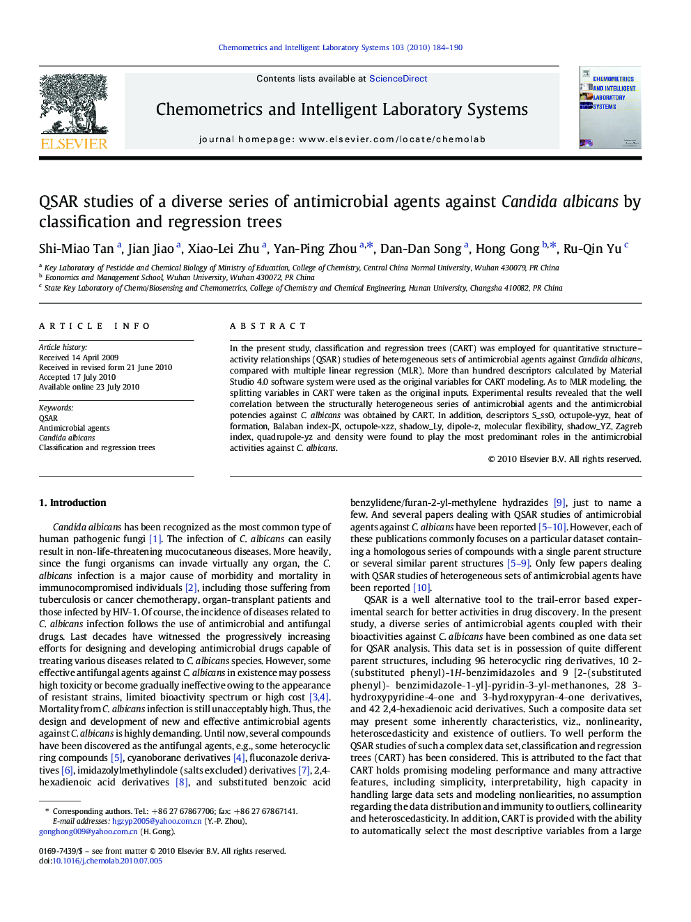 QSAR studies of a diverse series of antimicrobial agents against Candida albicans by classification and regression trees