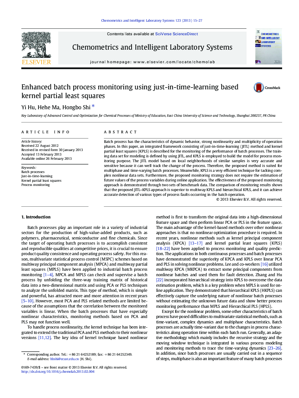 Enhanced batch process monitoring using just-in-time-learning based kernel partial least squares