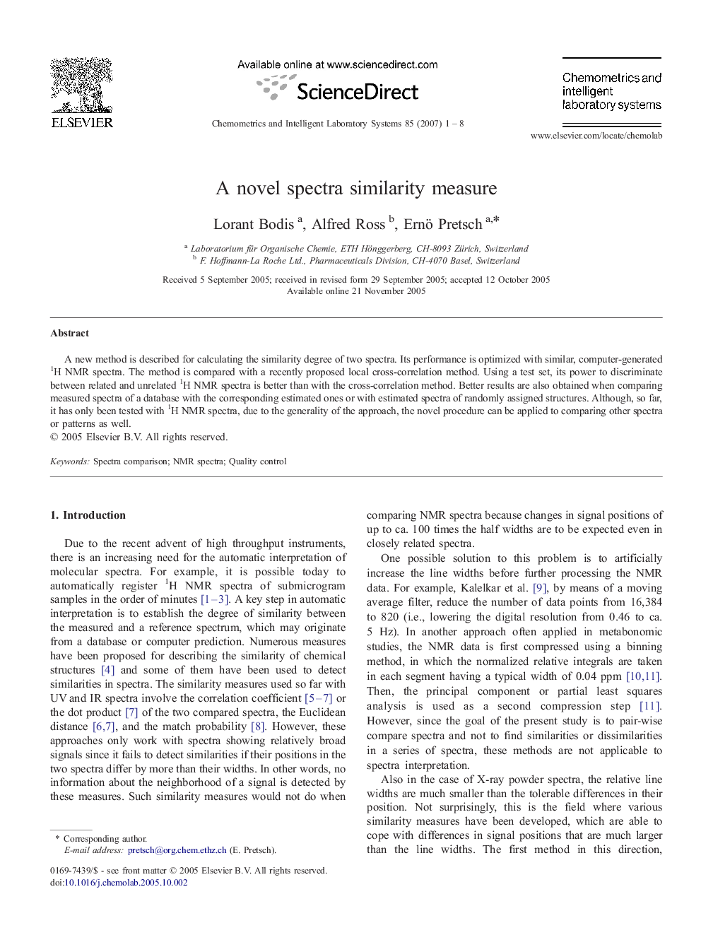 A novel spectra similarity measure