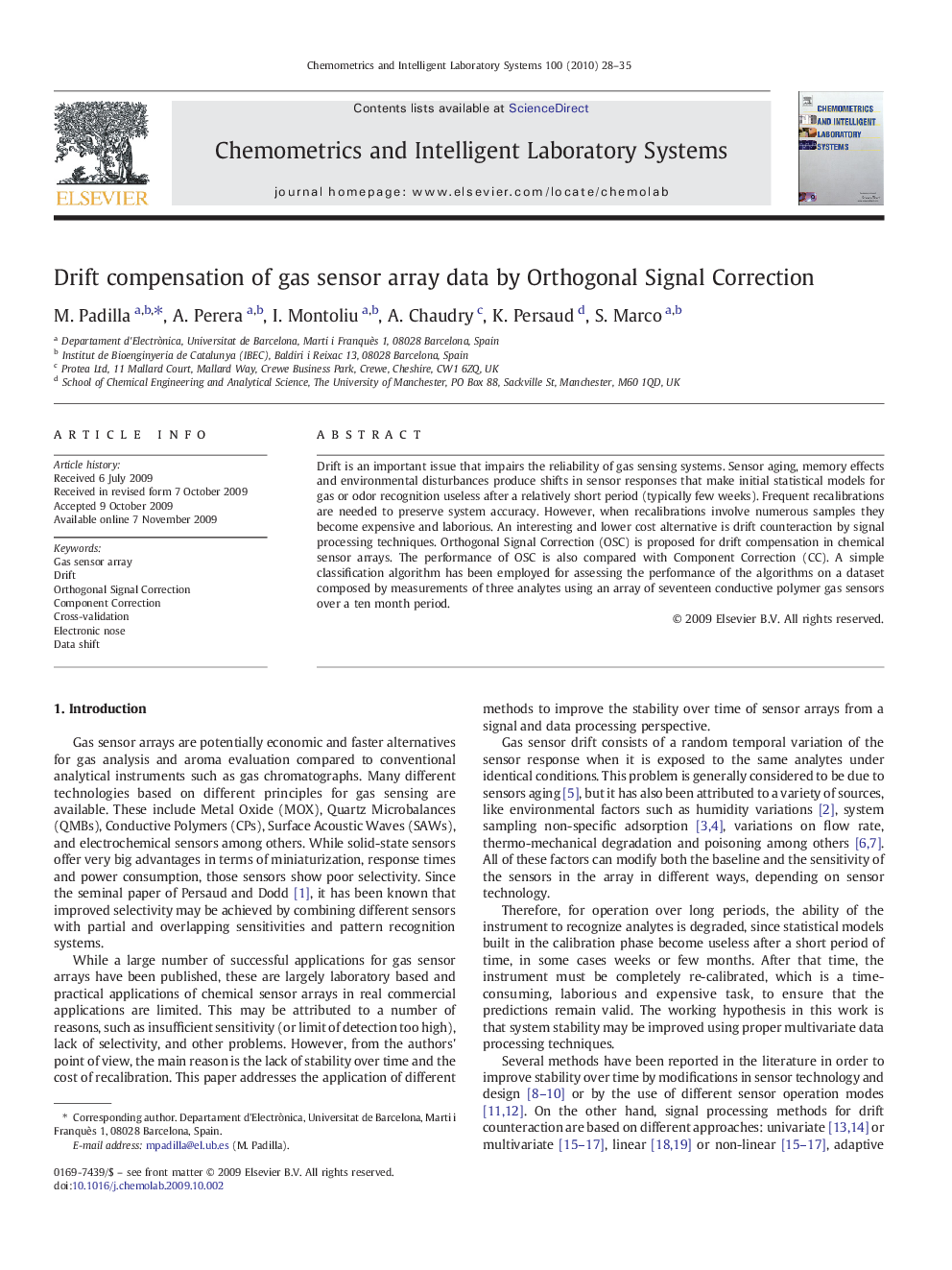 Drift compensation of gas sensor array data by Orthogonal Signal Correction