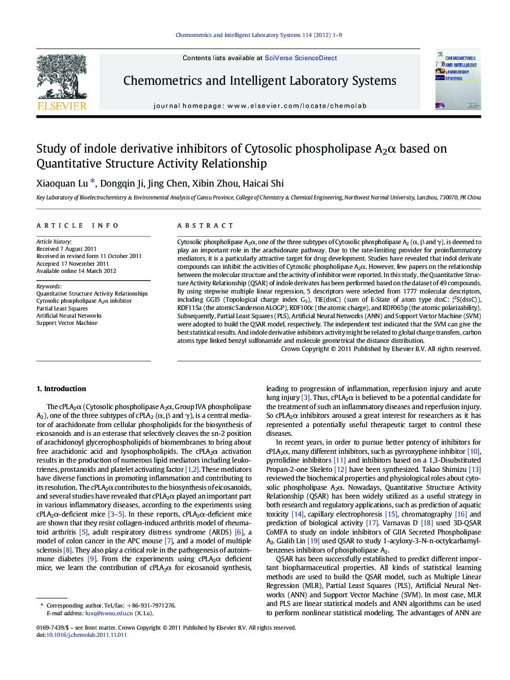 Study of indole derivative inhibitors of Cytosolic phospholipase A2Î± based on Quantitative Structure Activity Relationship