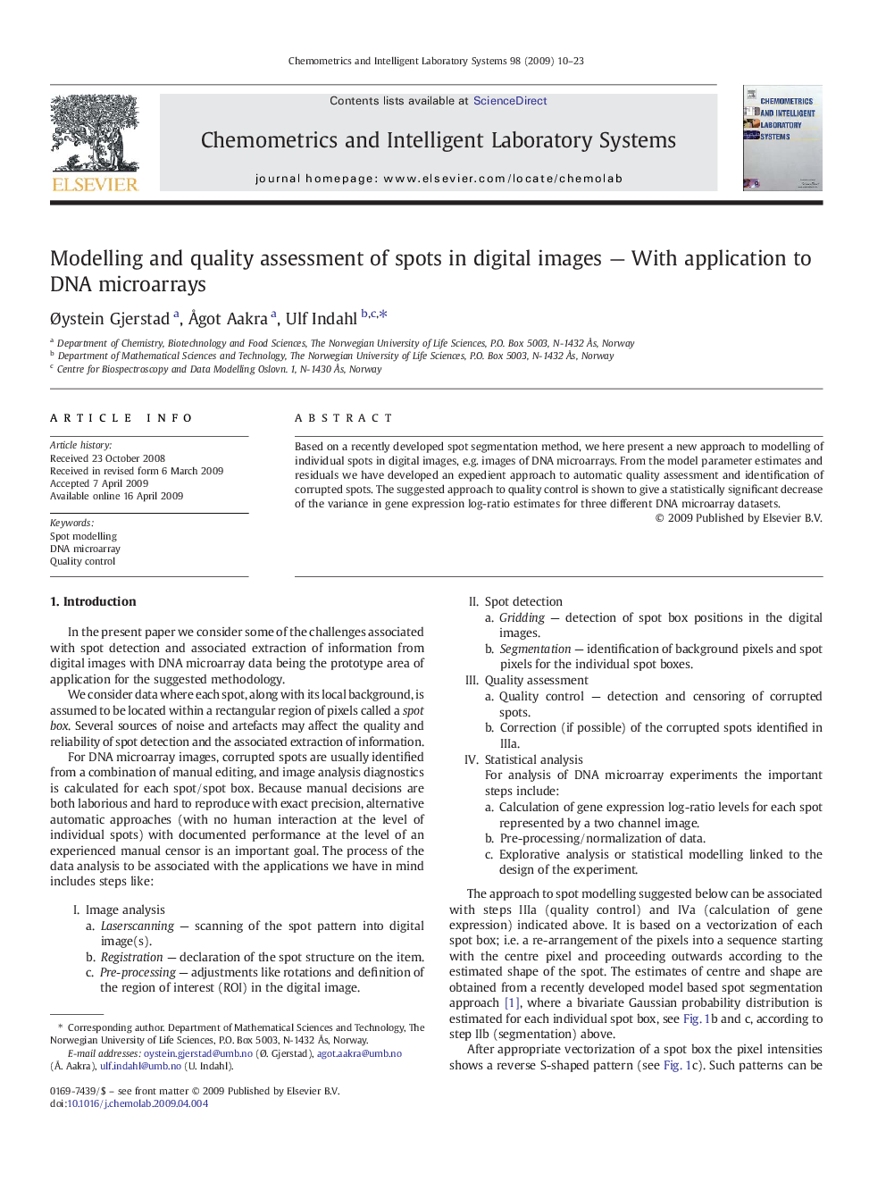 Modelling and quality assessment of spots in digital images - With application to DNA microarrays