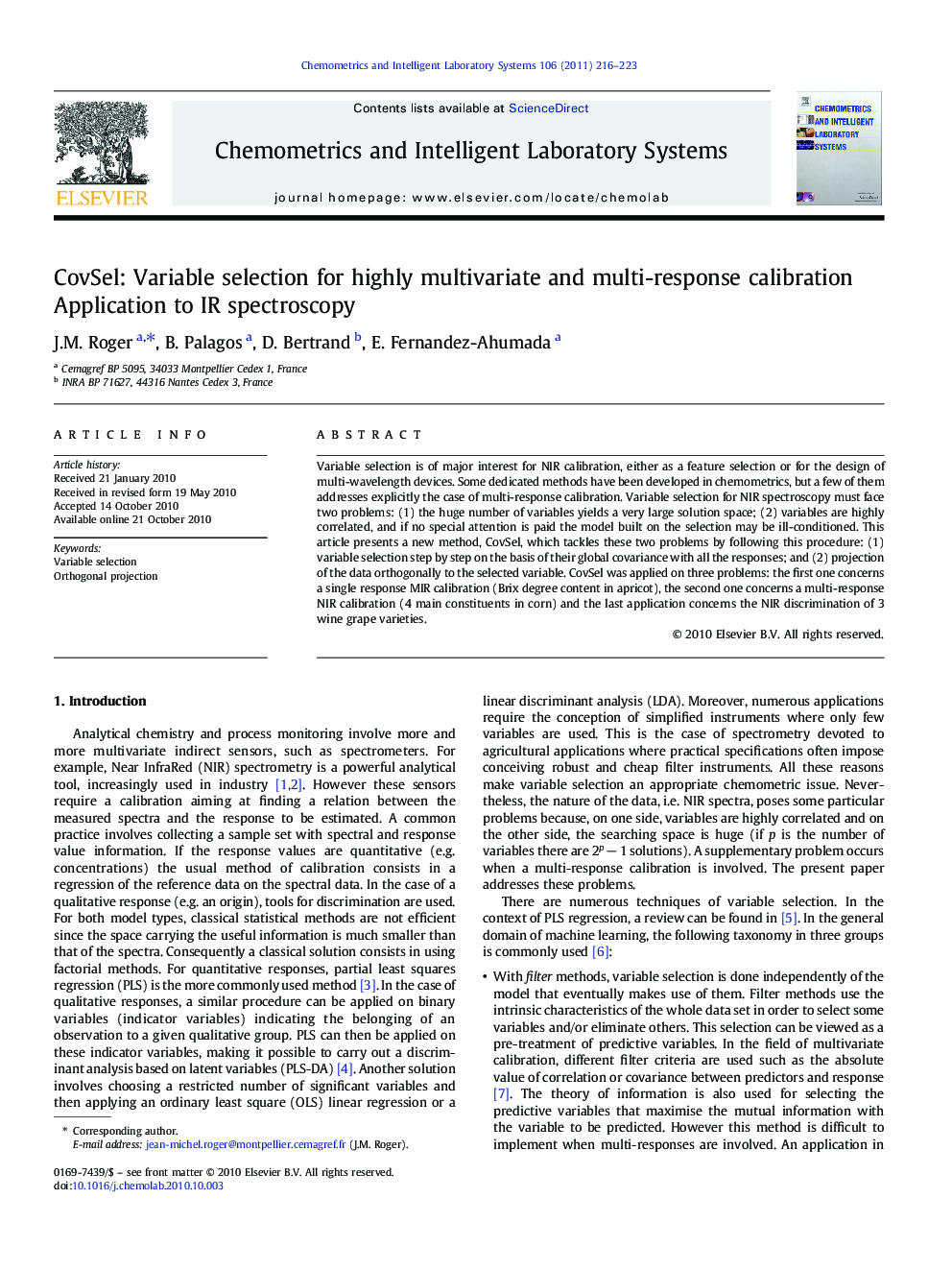 CovSel: Variable selection for highly multivariate and multi-response calibration: Application to IR spectroscopy