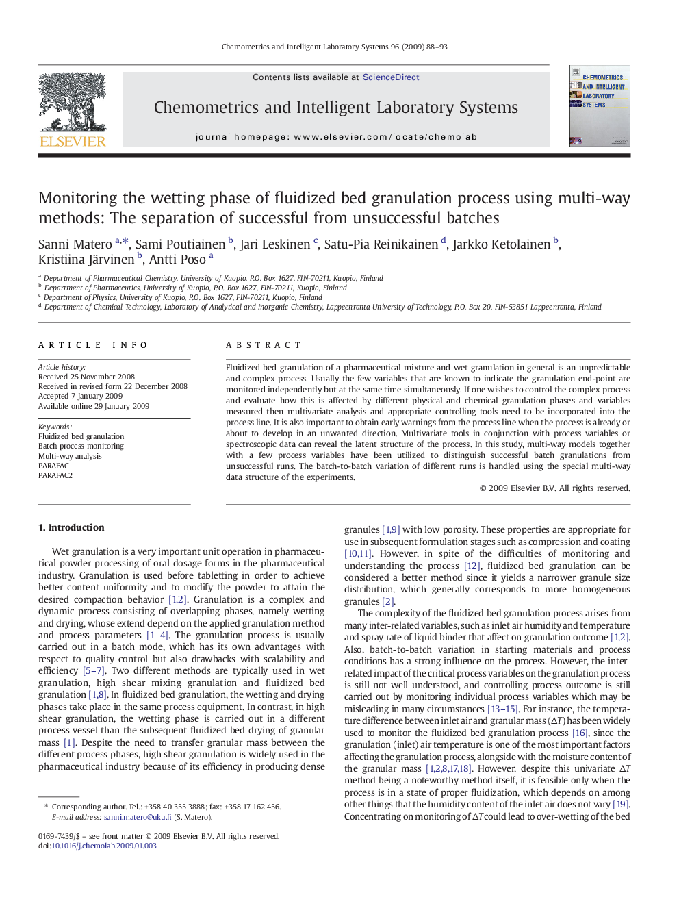 Monitoring the wetting phase of fluidized bed granulation process using multi-way methods: The separation of successful from unsuccessful batches