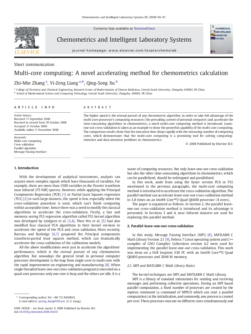 Multi-core computing: A novel accelerating method for chemometrics calculation