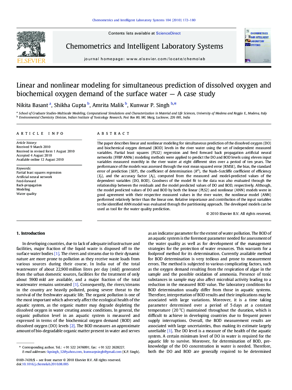 Linear and nonlinear modeling for simultaneous prediction of dissolved oxygen and biochemical oxygen demand of the surface water — A case study