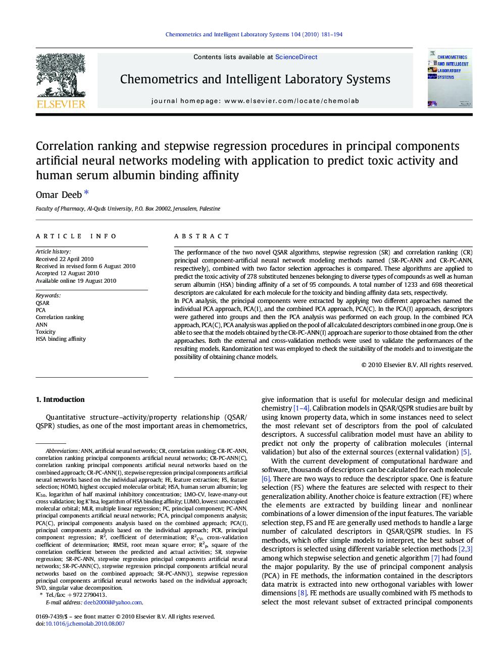 Correlation ranking and stepwise regression procedures in principal components artificial neural networks modeling with application to predict toxic activity and human serum albumin binding affinity