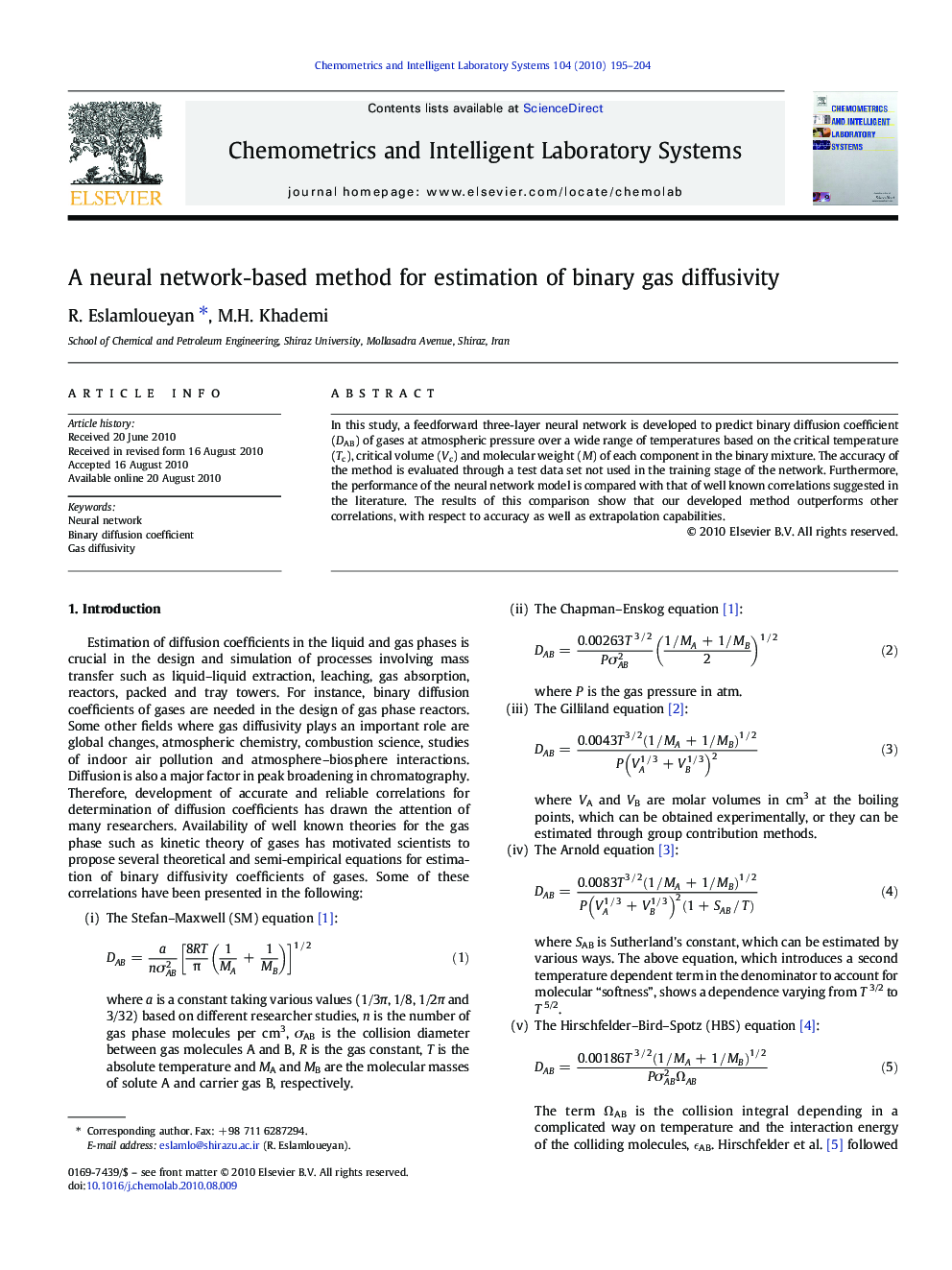 A neural network-based method for estimation of binary gas diffusivity