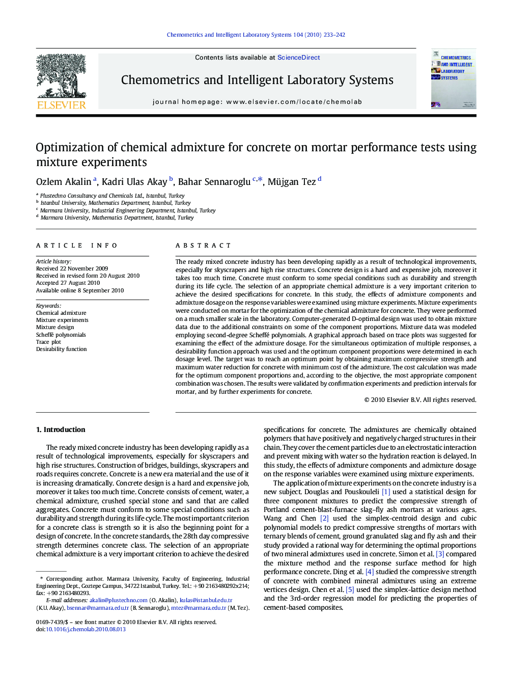 Optimization of chemical admixture for concrete on mortar performance tests using mixture experiments